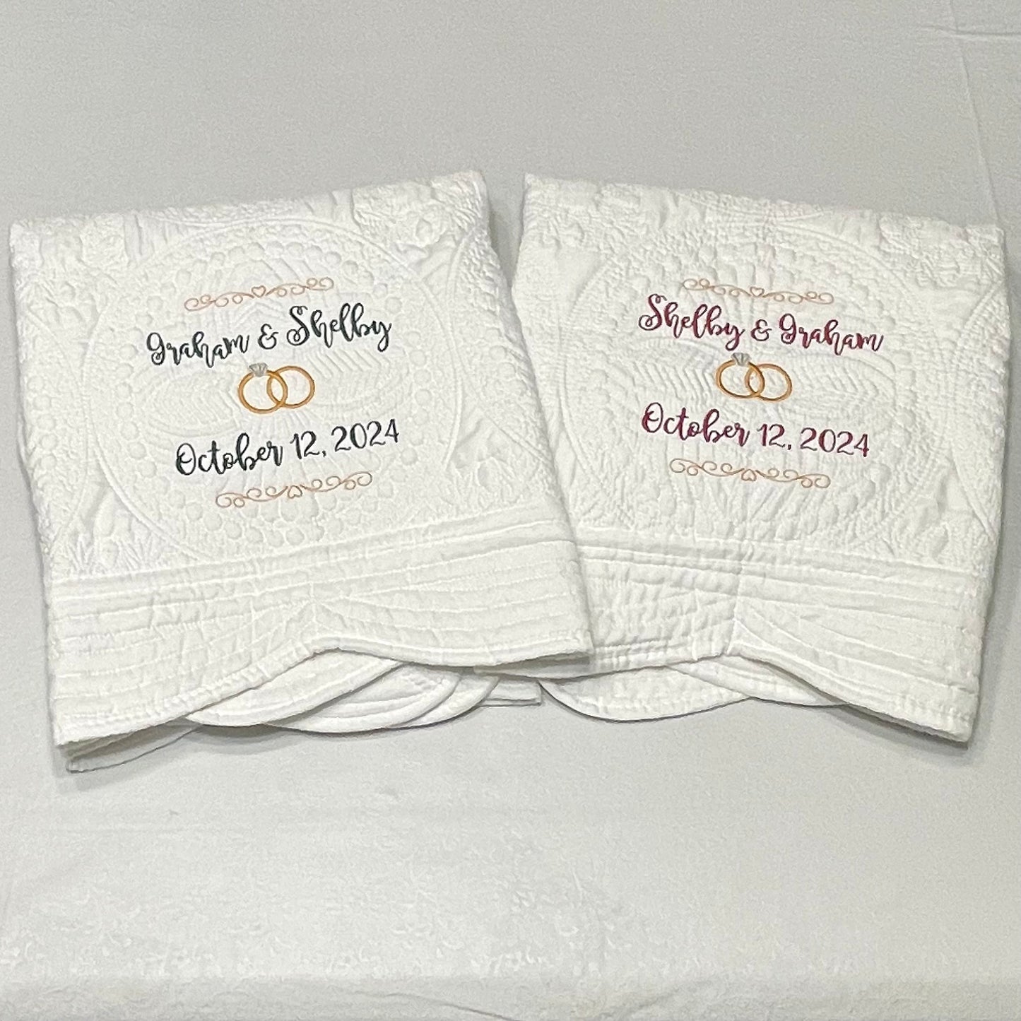Personalized Wedding Heirloom Quilt Blankets - Custom embroidered with names, date and wedding rings. 6 Border color options. The perfect wedding, anniversary, engagement or shower gift!
