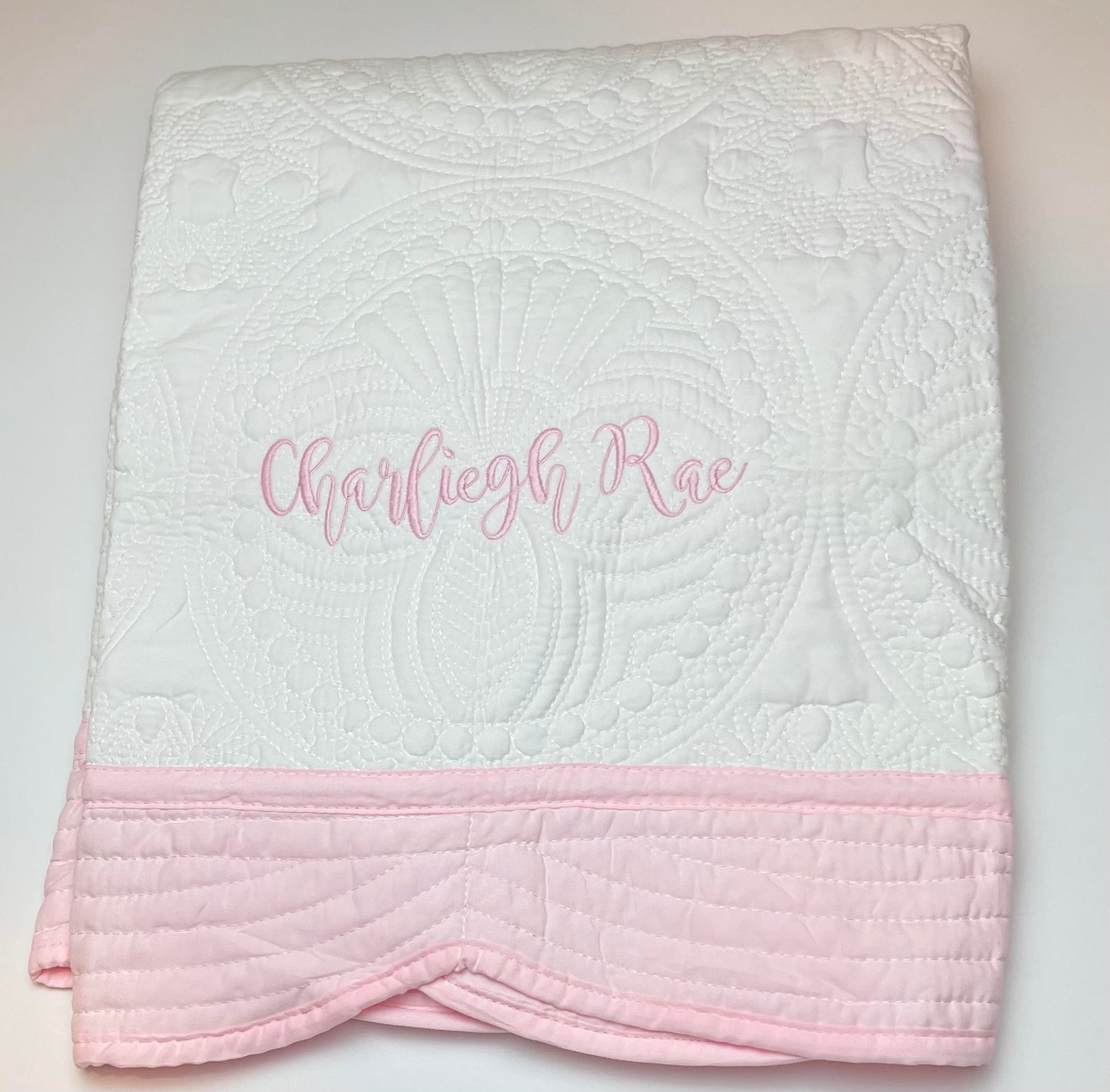 Personalized Baby Heirloom Quilt - Custom Embroidered with Name in your choice of thread color. 5 Border options: Pink, Blue, Green, Purple & White