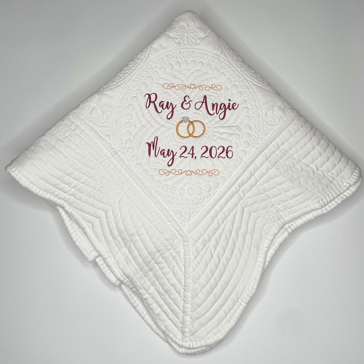 Custom Embroidered Wedding Heirloom Quilt – Personalized Blanket with Names, Date & Wedding Rings