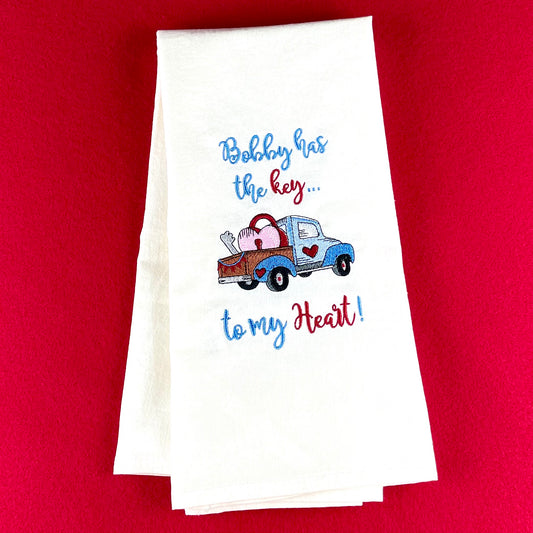 Personalized Embroidered Tea Towel - Pickup Truck with heart, lock & key