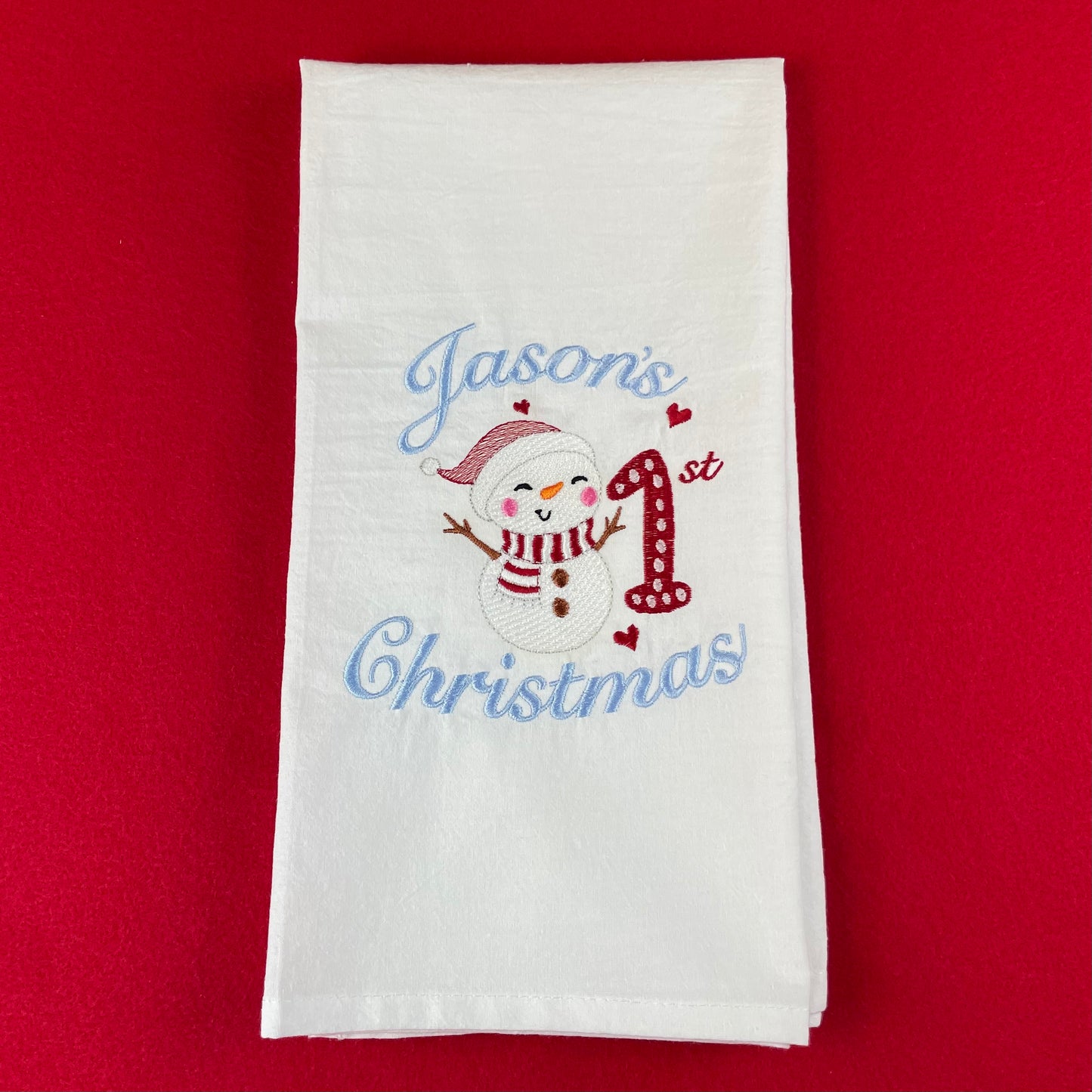 Personalized Embroidered Tea Towel - Baby’s 1st Christmas with Snowman