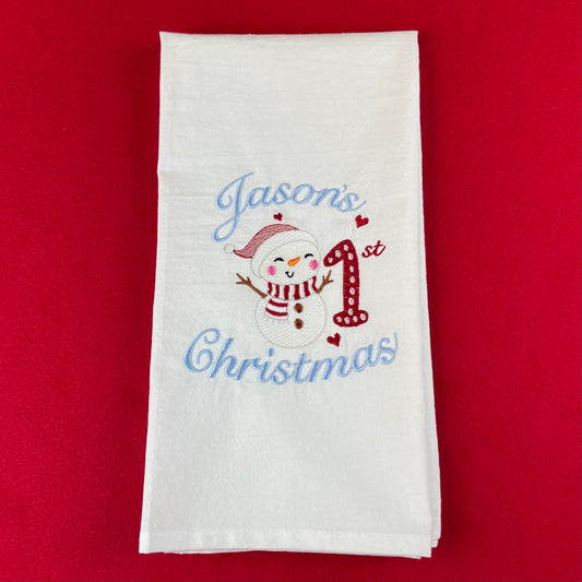 Personalized Embroidered Tea Towel - Baby’s 1st Christmas with Snowman