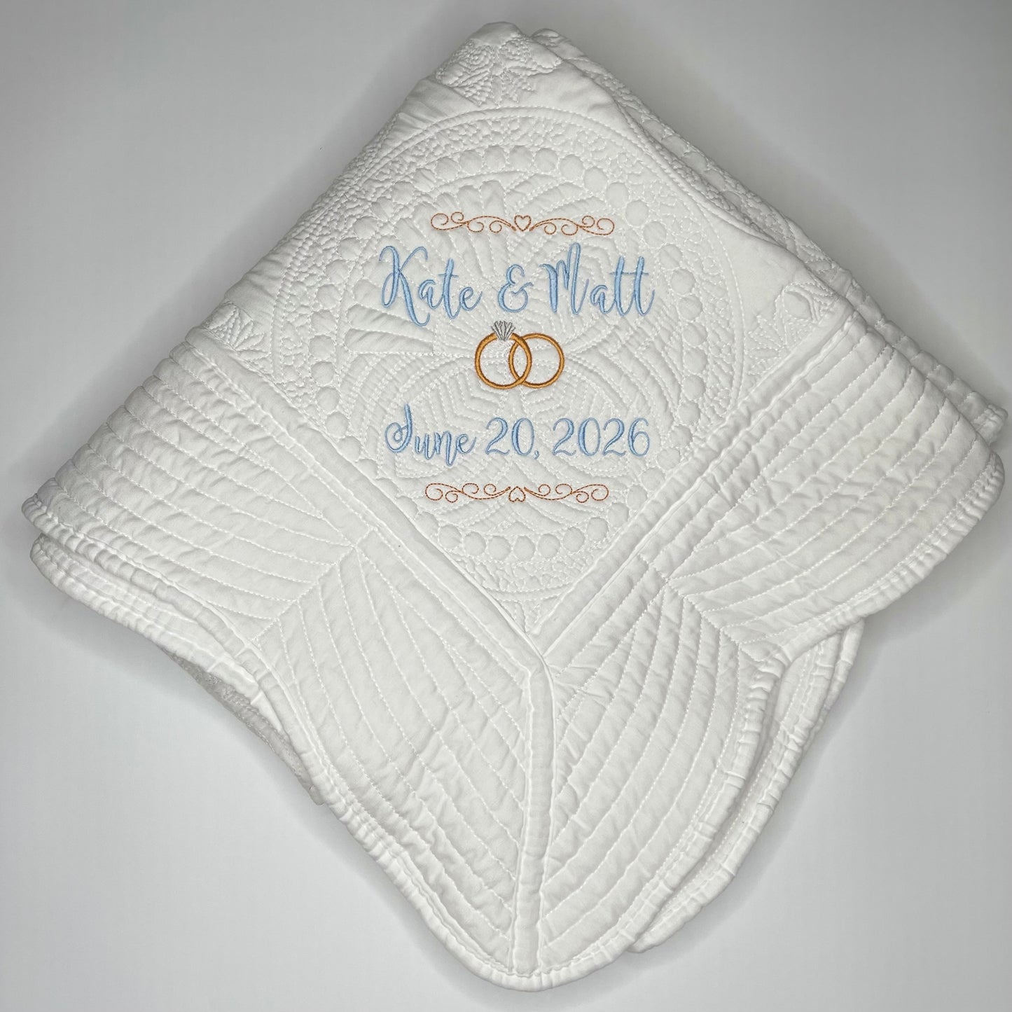 Custom Embroidered Wedding Heirloom Quilt – Personalized Blanket with Names, Date & Wedding Rings