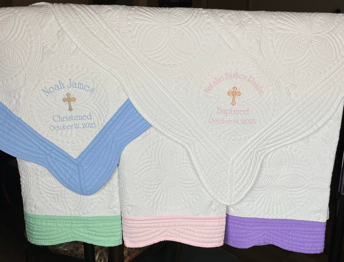 Personalized Baptismal / Christening Baby Blanket Quilt (name on top)