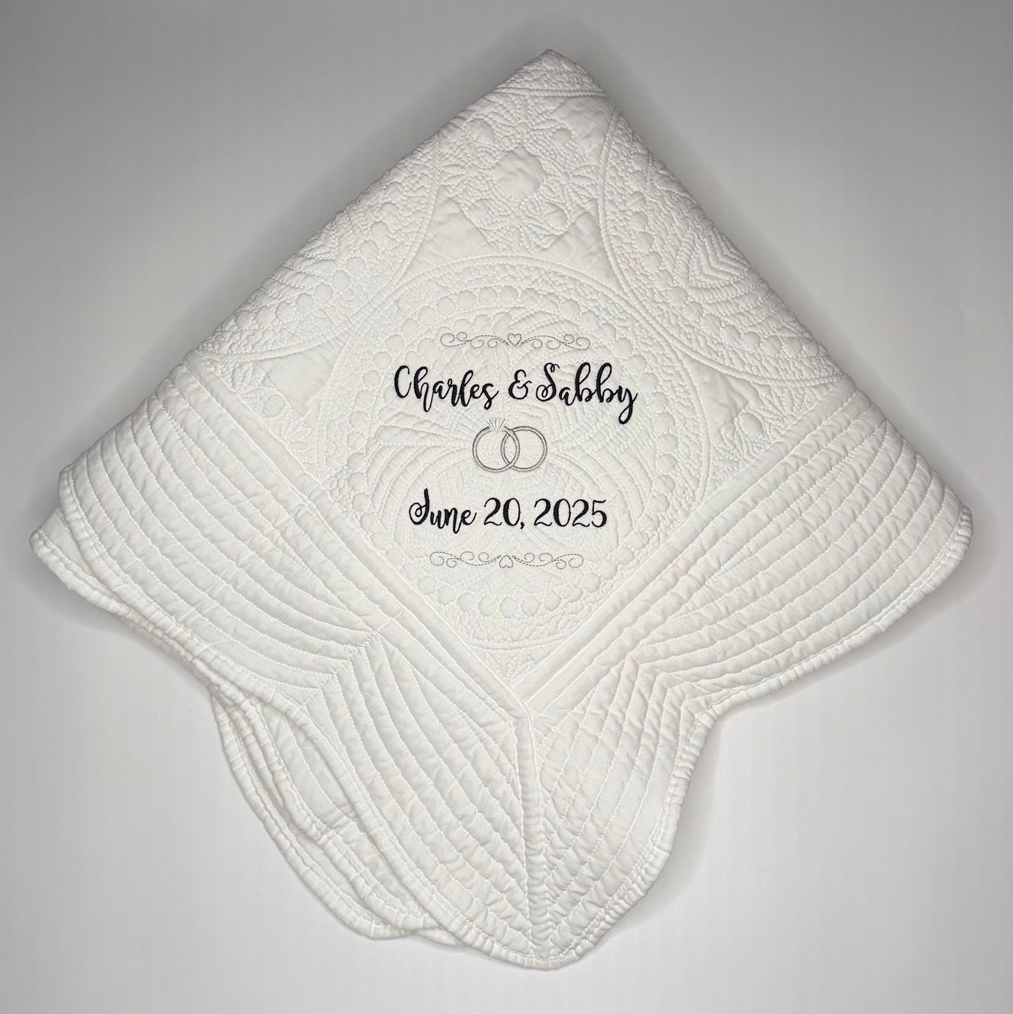 Custom Embroidered Wedding Heirloom Quilt – Personalized Blanket with Names, Date & Wedding Rings