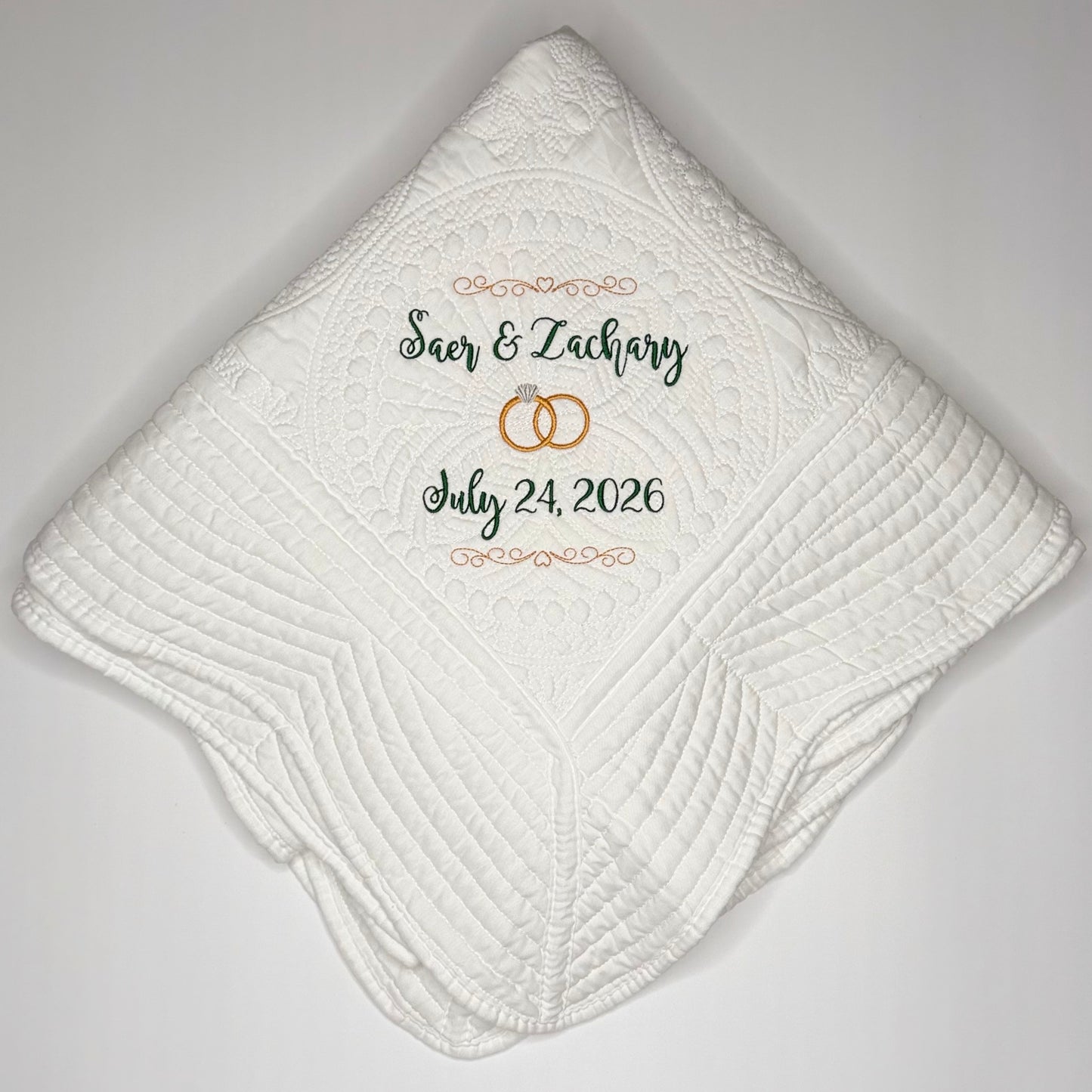 Custom Embroidered Wedding Heirloom Quilt – Personalized Blanket with Names, Date & Wedding Rings