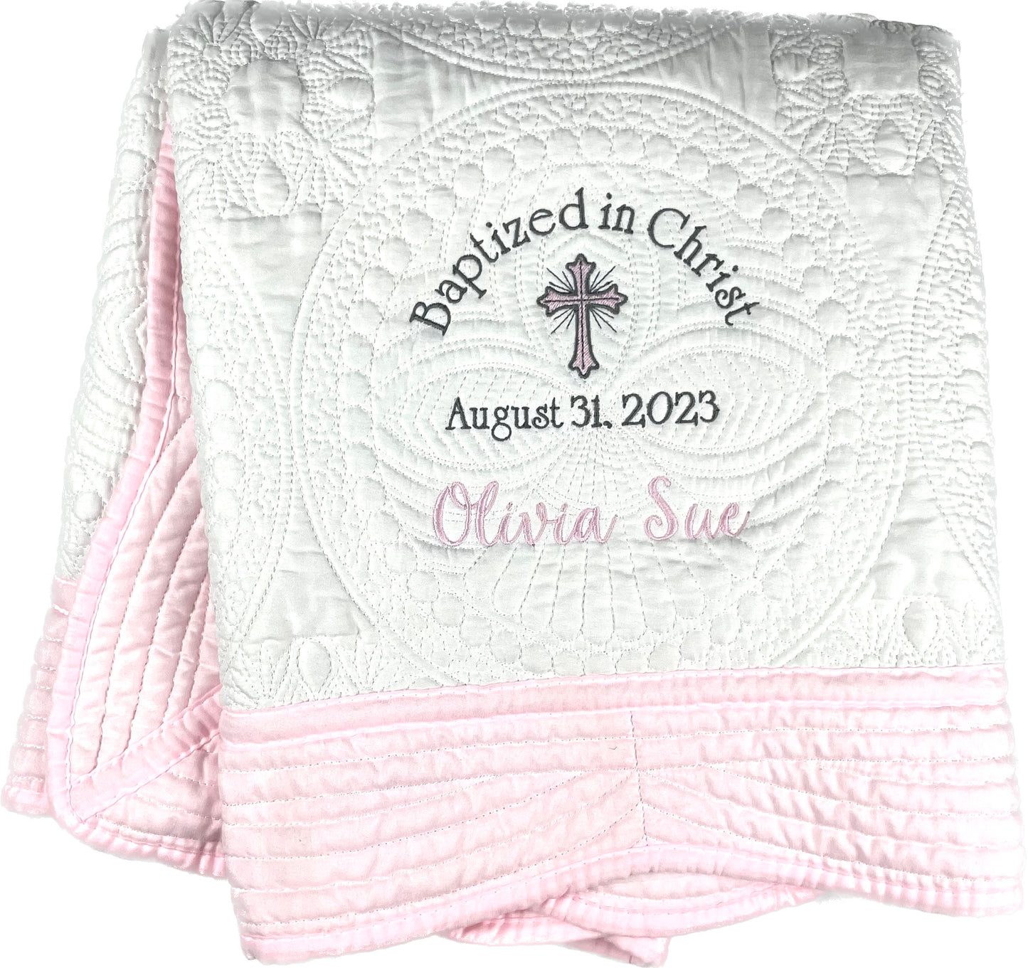 Custom Embroidered Baptism Baby Blanket Quilt Personalized with Name and Date