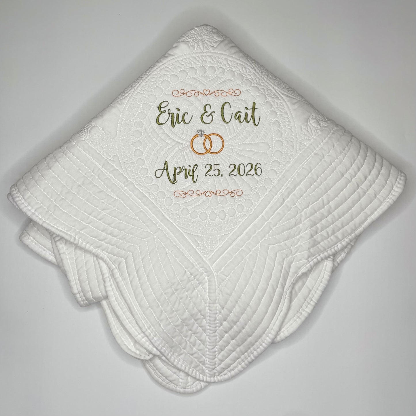 Custom Embroidered Wedding Heirloom Quilt – Personalized Blanket with Names, Date & Wedding Rings