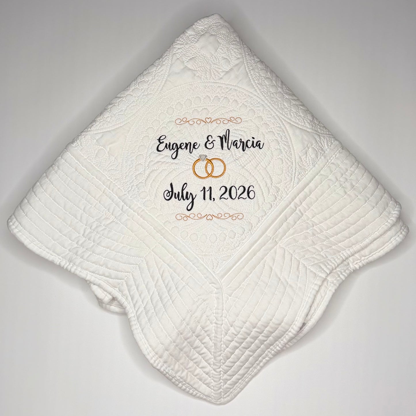 Custom Embroidered Wedding Heirloom Quilt – Personalized Blanket with Names, Date & Wedding Rings