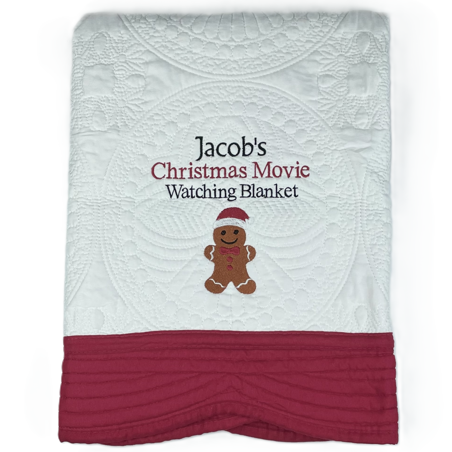 Personalized Christmas Movie Watching Blanket, Quilted Cotton Throw, White with Red Trim (Plus 5 More Border Color Options) Custom Embroidered Name with Choice of Reindeer, Snowman or Gingerbread Man