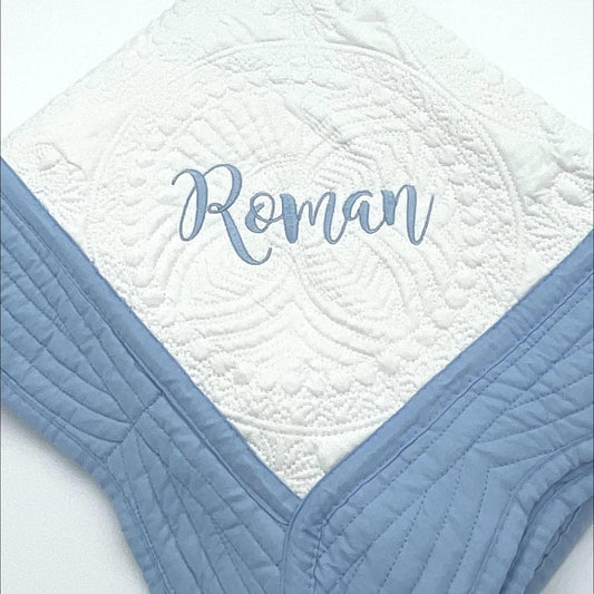 Personalized Baby Heirloom Quilt - Custom Embroidered with Name in your choice of thread color. 5 Border options: Pink, Blue, Green, Purple & White