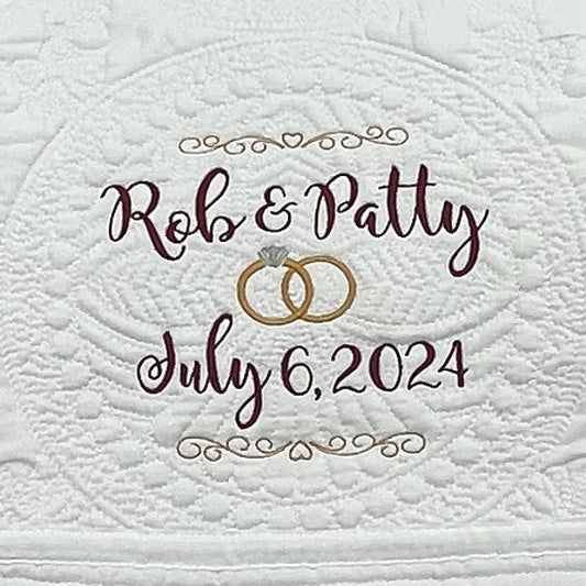 Personalized Wedding Heirloom Quilt Blankets - Custom embroidered with names, date and wedding rings. 6 Border color options. The perfect wedding, anniversary, engagement or shower gift!