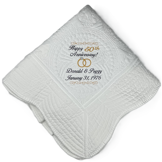 Custom Embroidered Wedding Anniversary Heirloom Quilts - Personalized blanket with names, date, wedding rings & anniversary number. 2 Sizes & 8 Border color options.