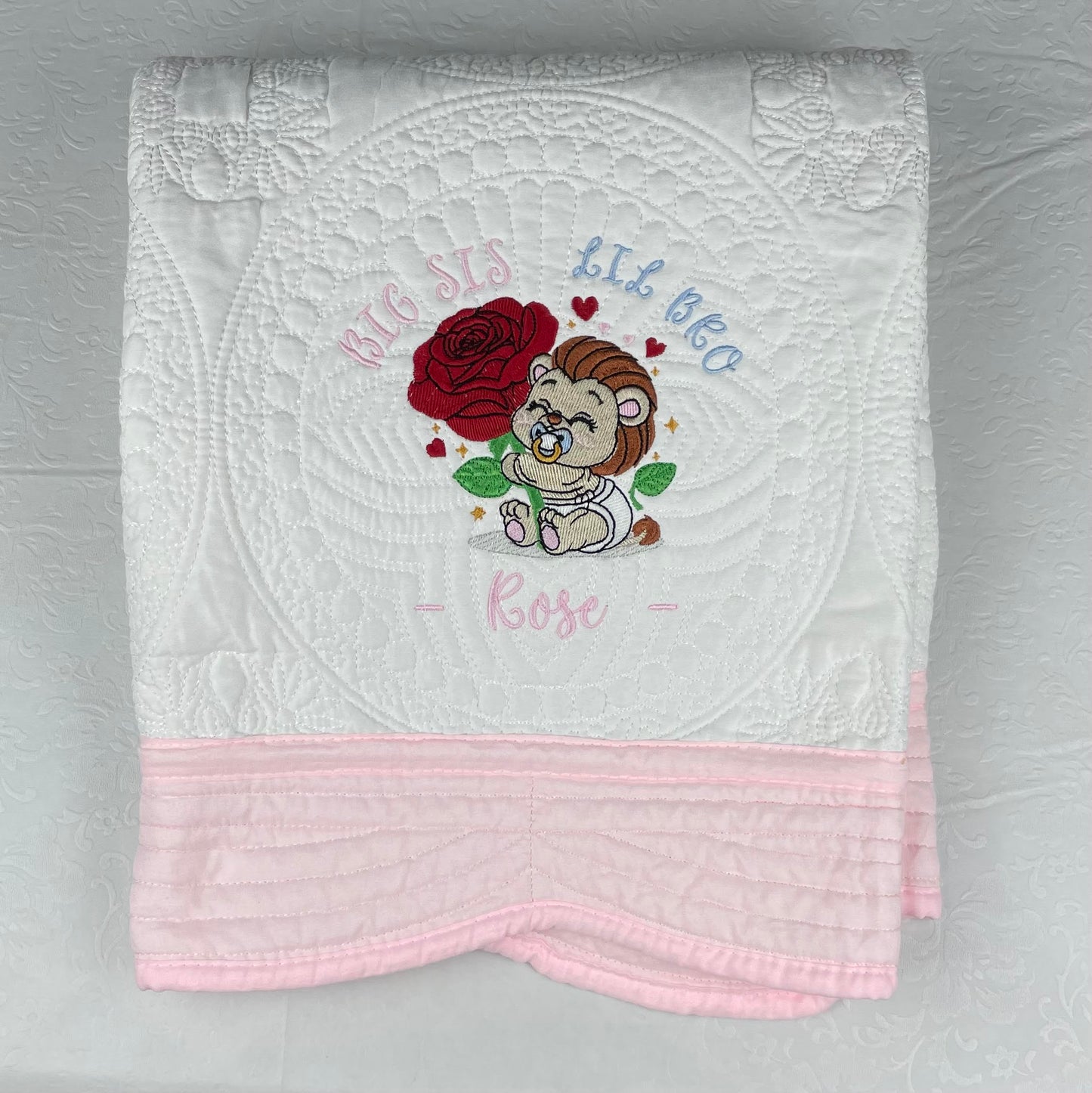 FULLY Custom Embroidered Heirloom Quilted Blanket, 6 Border color options