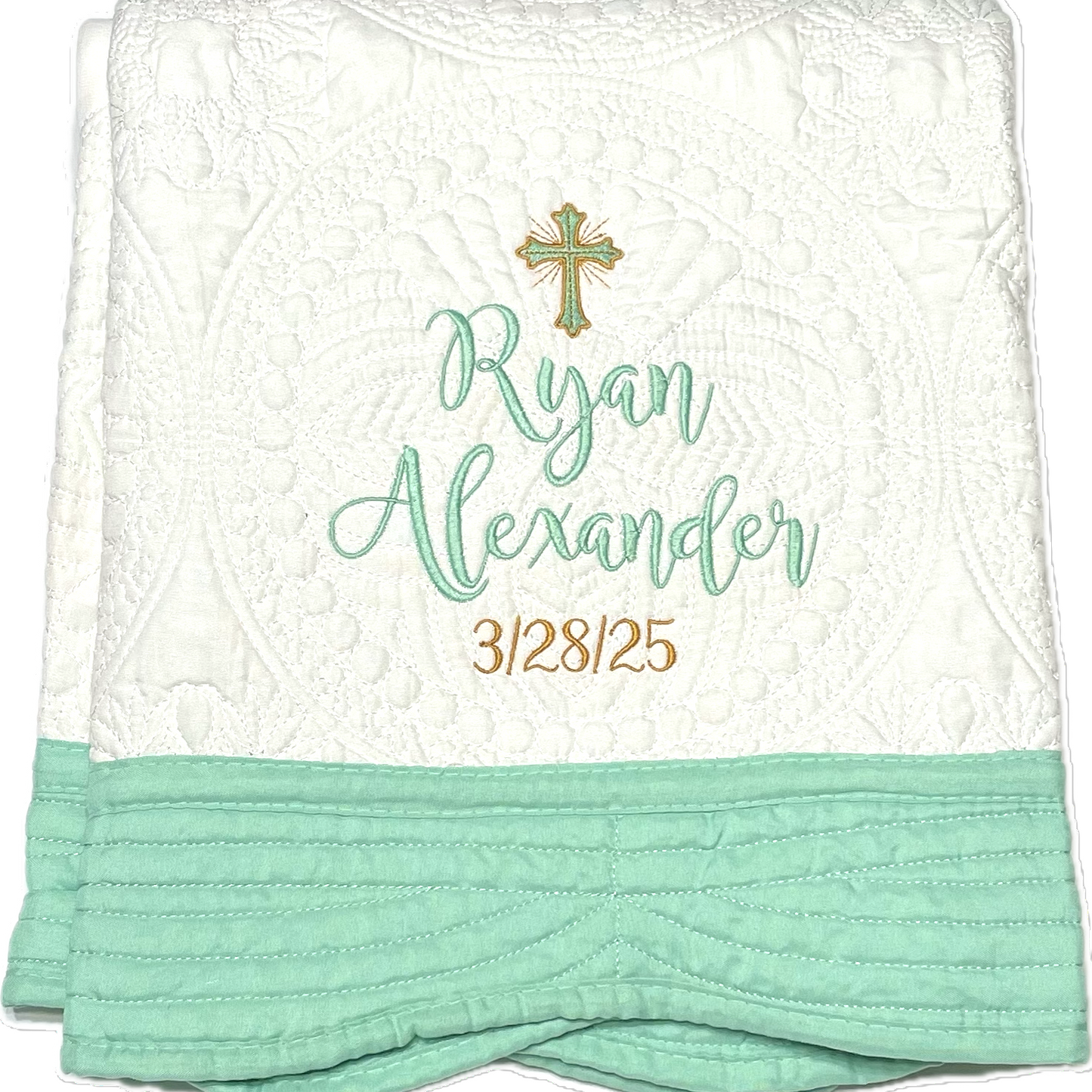 Custom Embroidered Blanket Quilt Personalized with Beautiful Cross, Name & Date, From Baptism to Wedding, 6 border color options