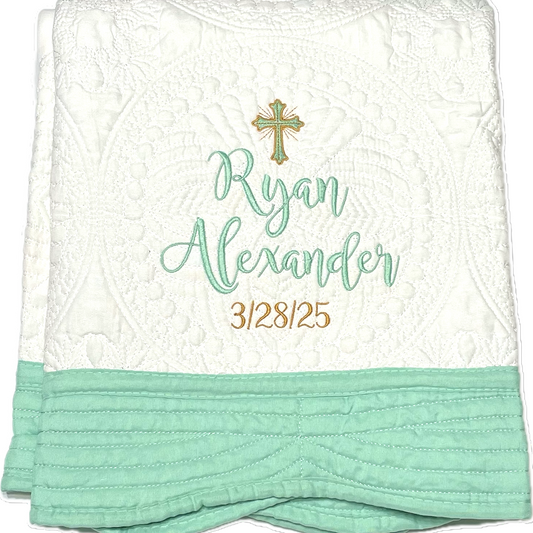 Custom Embroidered Blanket Quilt Personalized with Beautiful Cross, Name & Date, From Baptism to Wedding, 6 border color options