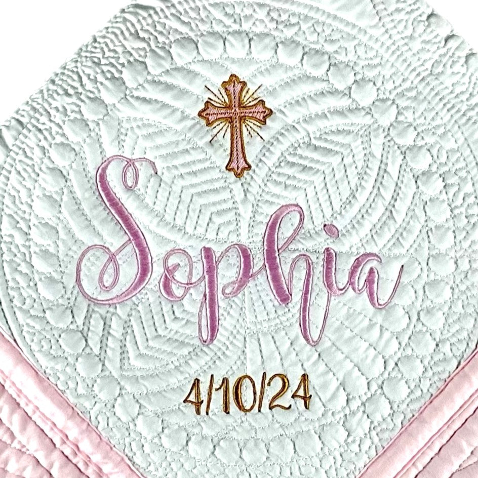 Custom Embroidered Blanket Quilt Personalized with Beautiful Cross, Name & Date, From Baptism to Wedding, 6 border color options
