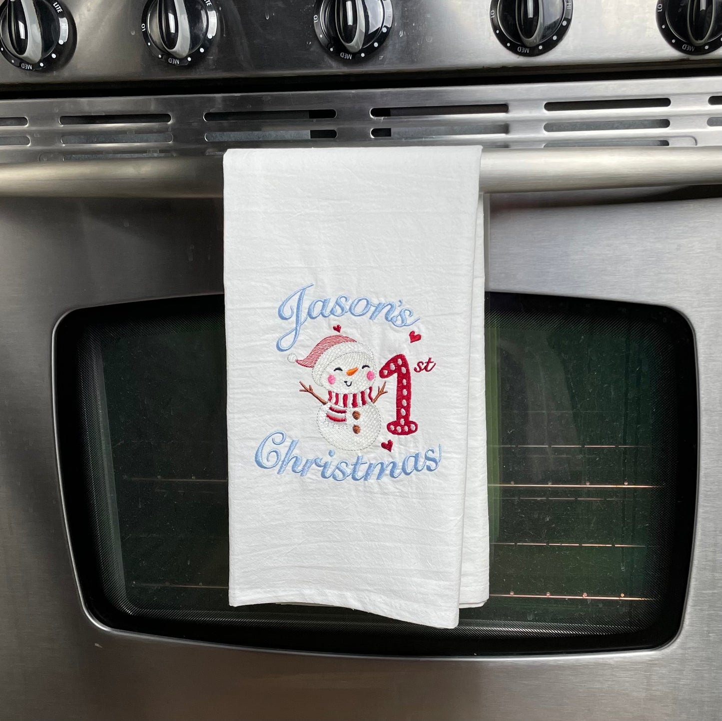 Personalized Embroidered Tea Towel - Baby’s 1st Christmas with Snowman