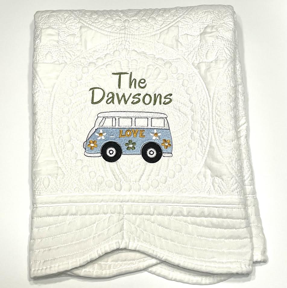 FULLY Custom Embroidered Heirloom Quilted Blanket, 6 Border color options