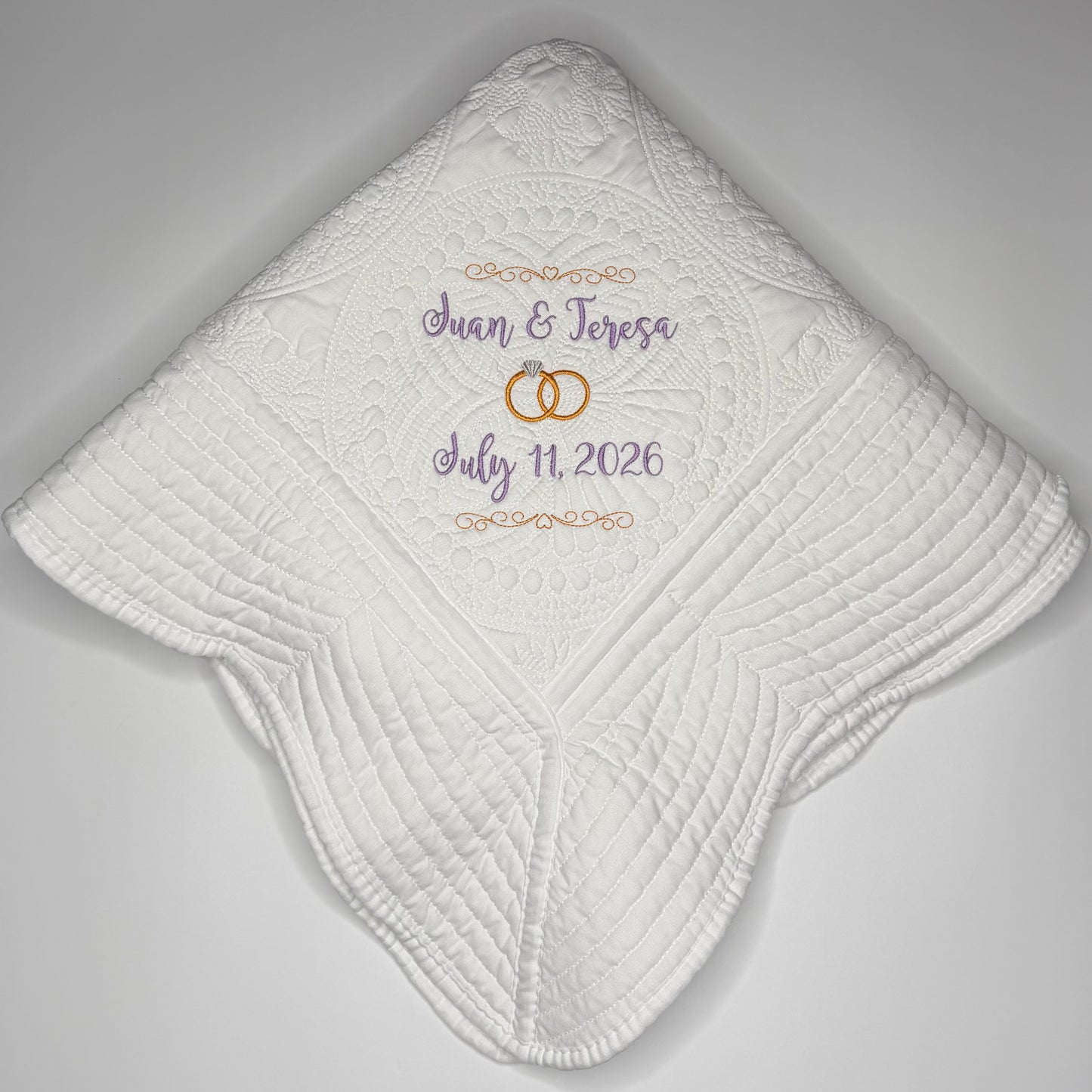 Custom Embroidered Wedding Heirloom Quilt – Personalized Blanket with Names, Date & Wedding Rings