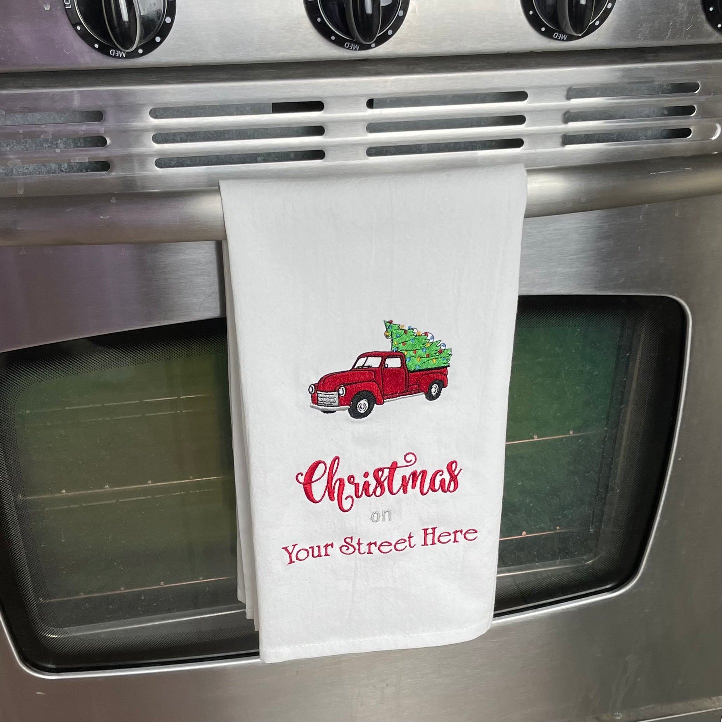 Personalized Embroidered Tea Towel - Christmas Tree in Pickup Truck with Personalized Street Name