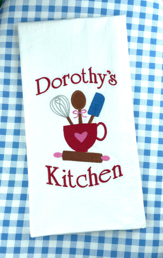 Personalized Embroidered Tea Towel - My Kitchen with Tea Cup