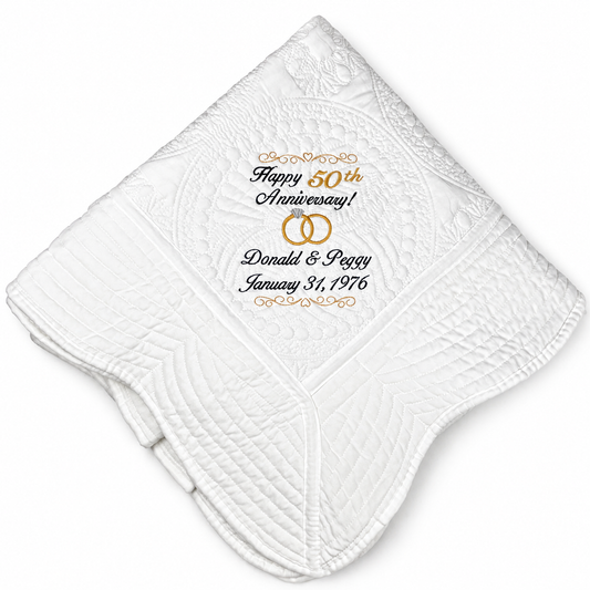Custom Embroidered Wedding Anniversary Heirloom Quilts - Personalized blanket with names, date & anniversary number.