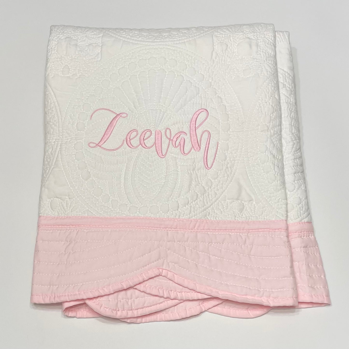 Personalized Baby Heirloom Quilt - Custom Embroidered with Name in your choice of thread color. 6 Border options: Pink, Blue, Green, Purple, Red & White
