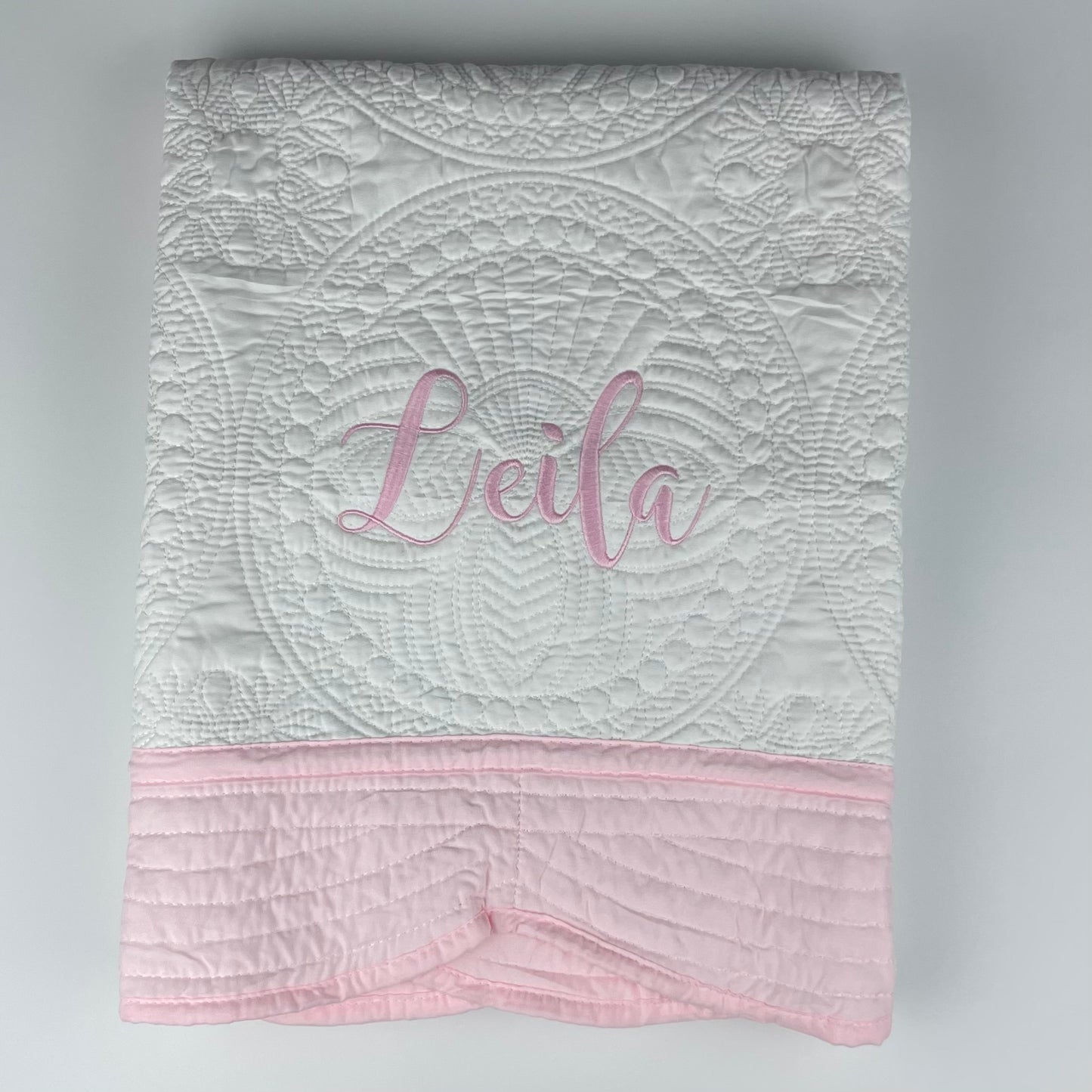Personalized Baby Heirloom Quilt - Custom Embroidered with Name in your choice of thread color. 6 Border options: Pink, Blue, Green, Purple, Red & White