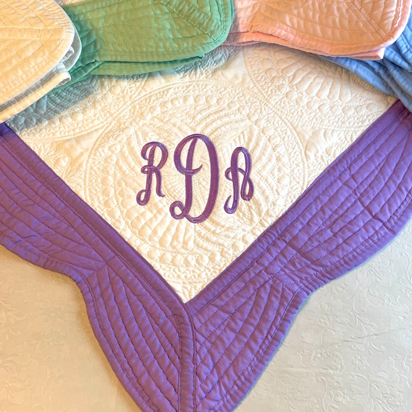 Personalized Baby Heirloom Quilt - Custom embroidered with 3 initials, beautiful monogram with traditional last name initial larger in the center.  6 Border options