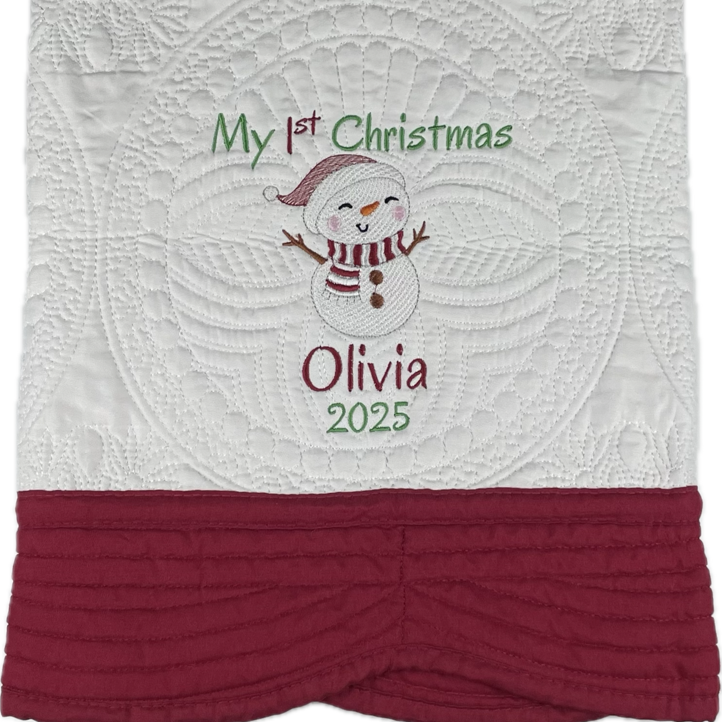 Personalized First Christmas Heirloom Quilt Blankets - Custom Embroidered with Name, Year & Snowman. 6 Border Color Options. Christmas, Birthday or Shower Gift. (1st line can be Deleted)