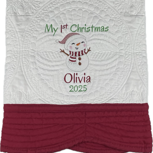 Personalized First Christmas Heirloom Quilt Blankets - Custom Embroidered with Name, Year & Snowman. 6 Border Color Options. Christmas, Birthday or Shower Gift. (1st line can be Deleted)