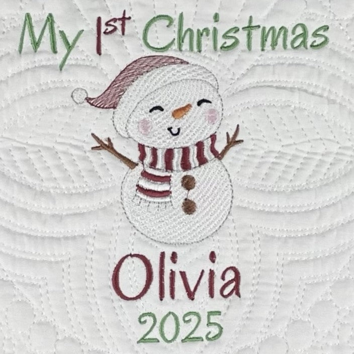 Personalized First Christmas Heirloom Quilt Blankets - Custom Embroidered with Name, Year & Snowman. 6 Border Color Options. Christmas, Birthday or Shower Gift. (1st line can be Deleted)