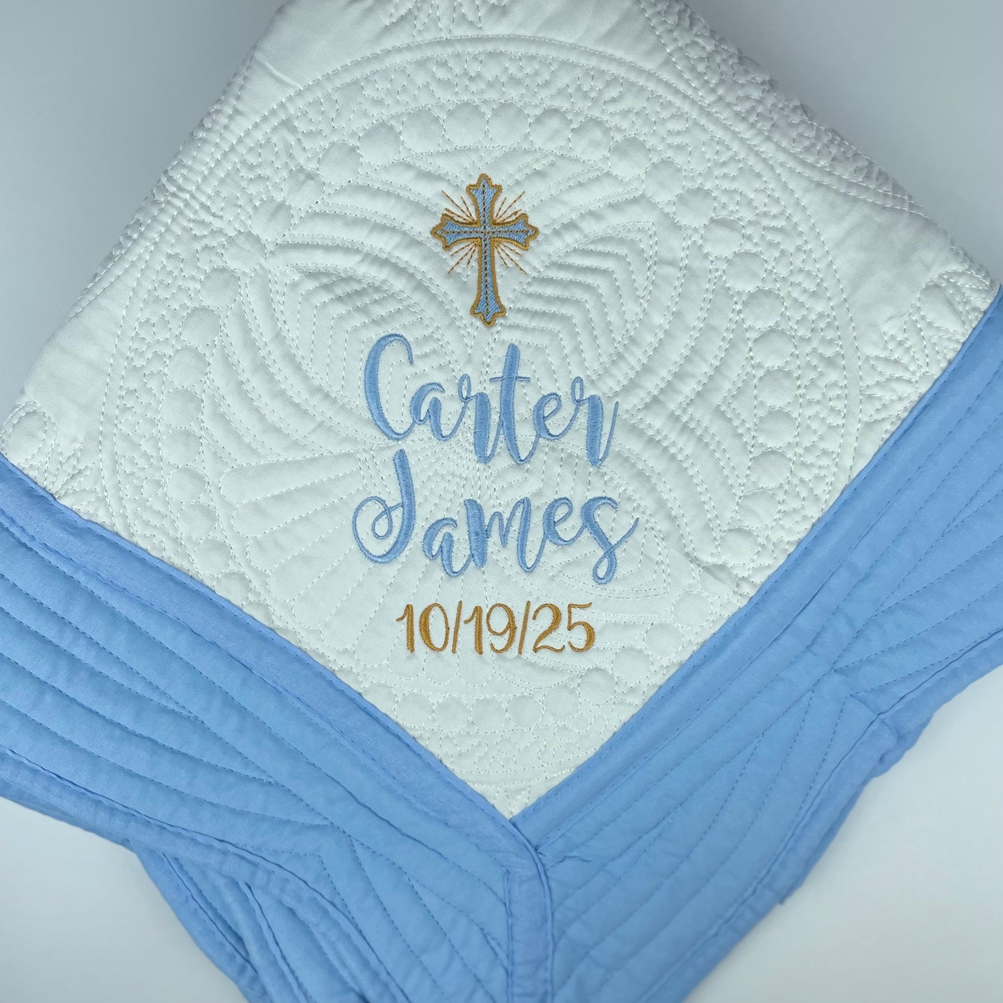 Custom Embroidered Blanket Quilt Personalized with Beautiful Cross, Name & Date, From Baptism to Wedding, 6 border color options