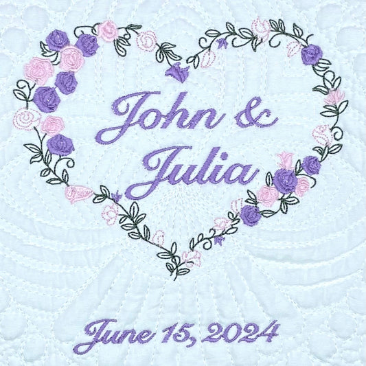 Personalized Wedding Quilt with Floral Heart Wreath, Names & Date
