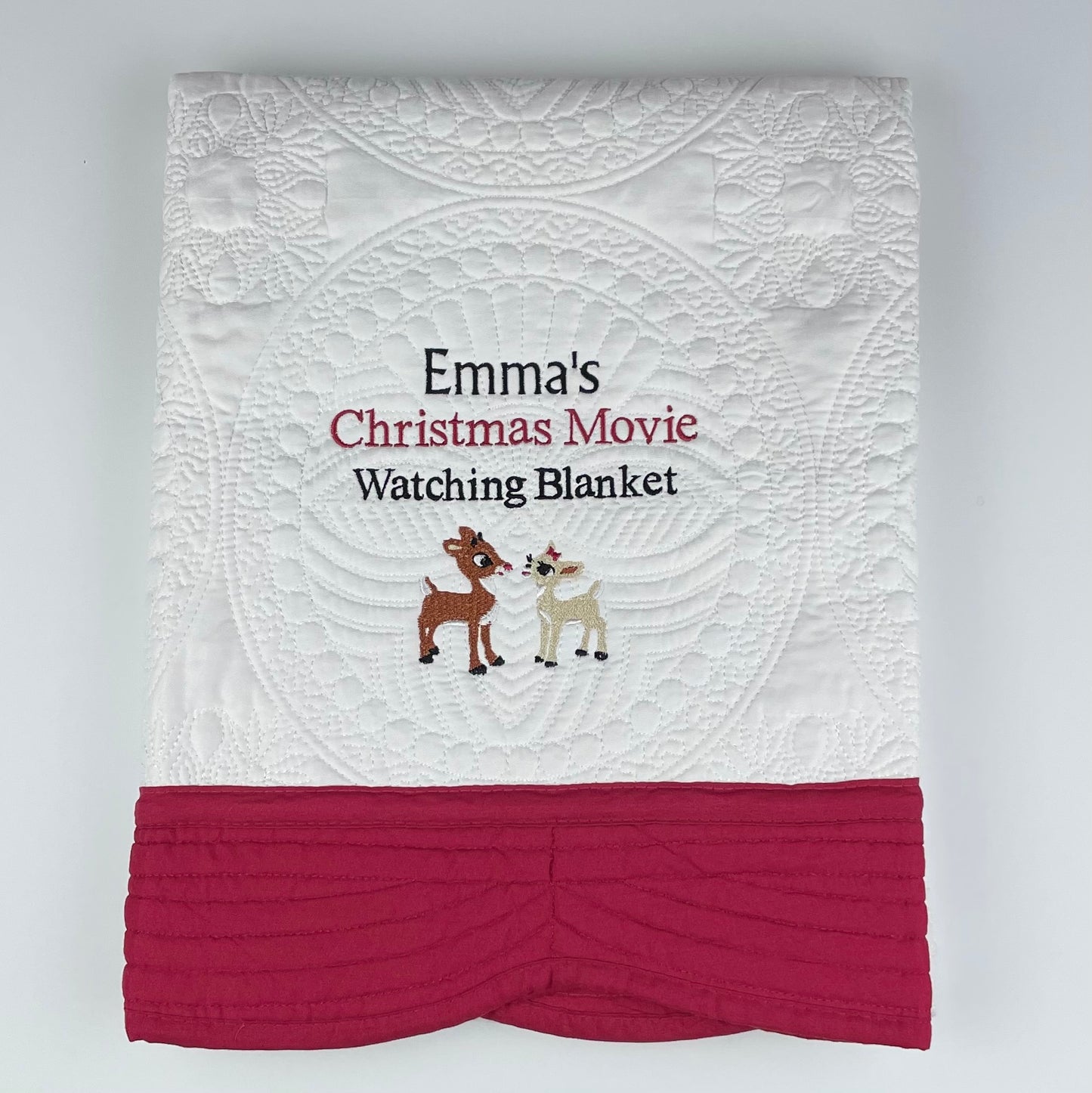 Personalized Christmas Movie Watching Blanket, Quilted Cotton Throw, White with Red Trim (Plus 5 More Border Color Options) Custom Embroidered Name with Choice of Reindeer, Snowman or Gingerbread Man