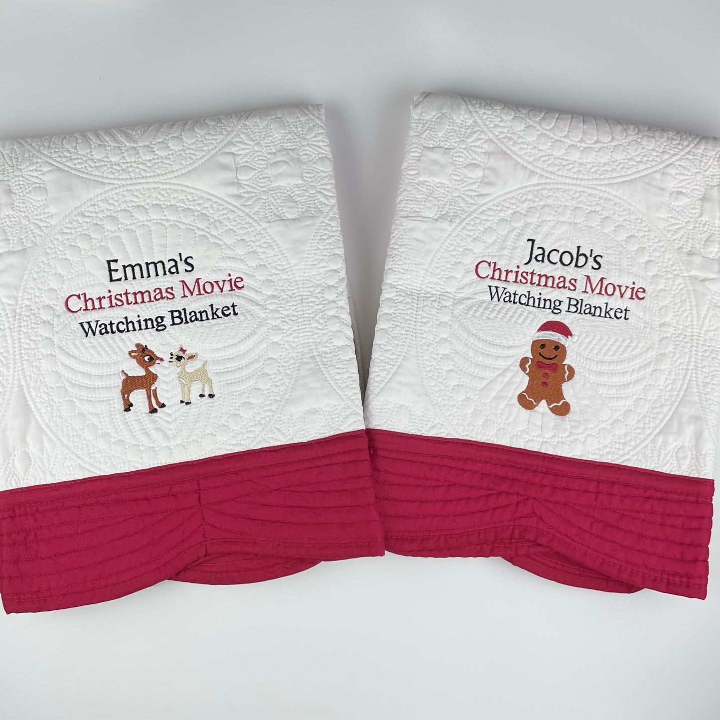 Personalized Christmas Movie Watching Blanket, Quilted Cotton Throw, White with Red Trim (Plus 5 More Border Color Options) Custom Embroidered Name with Choice of Reindeer, Snowman or Gingerbread Man