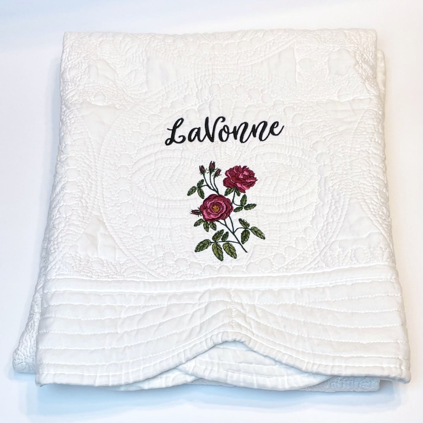 FULLY Custom Embroidered Heirloom Quilted Blanket, 6 Border color options