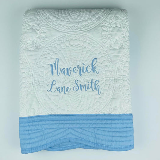 Personalized Baby Heirloom Quilt - Custom Embroidered with Name in your choice of thread color. 6 Border options: Pink, Blue, Green, Purple, Red & White