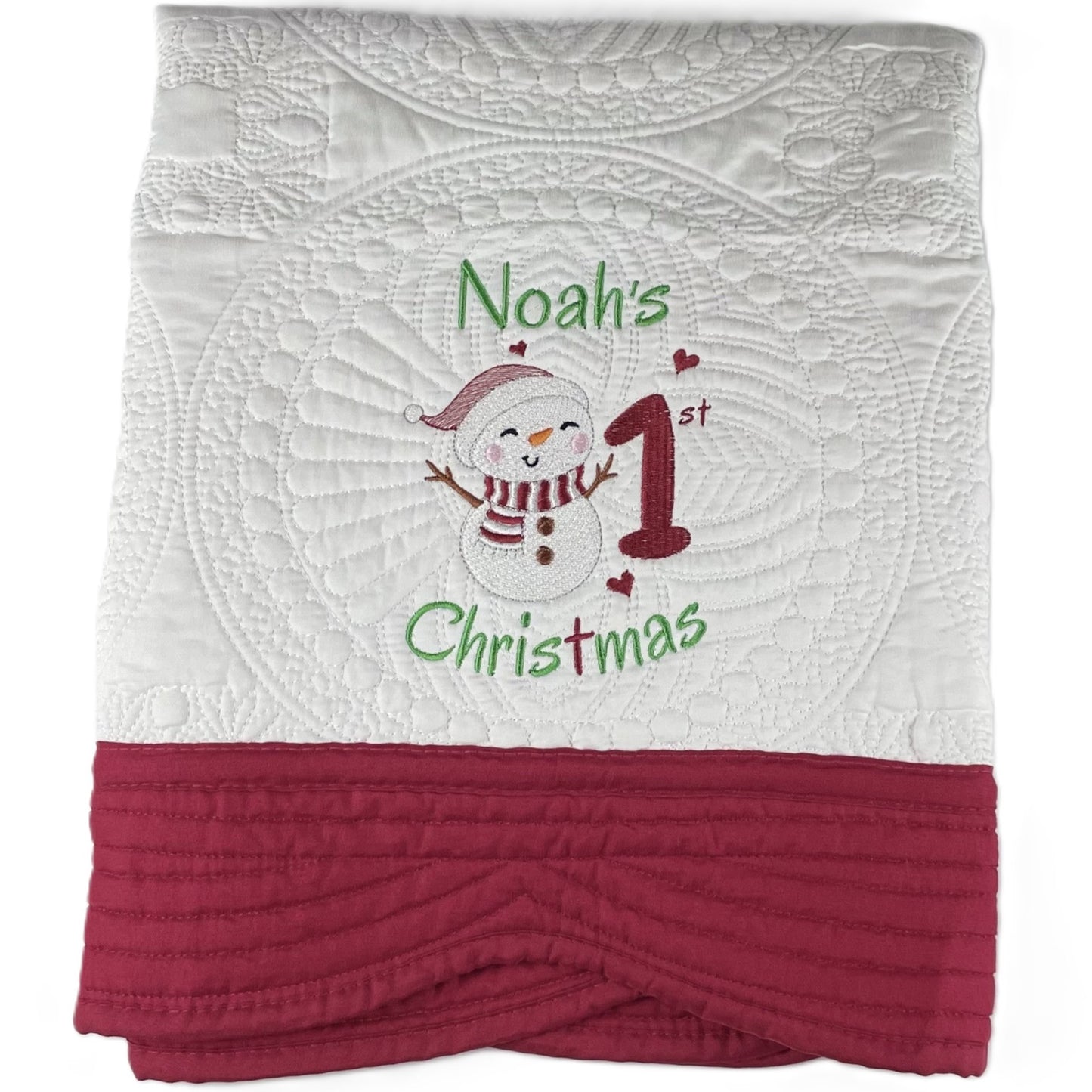 Personalized 1st Christmas Heirloom Quilt Blankets - Custom Embroidered with Name & Snowman. 6 Border Color Options. Christmas, Birthday or Shower Gift.