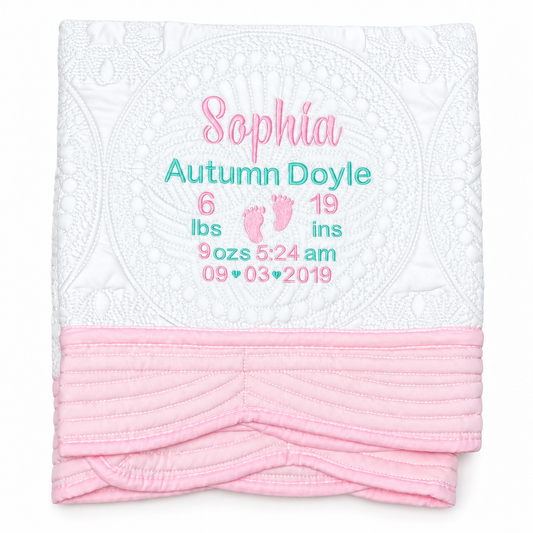 A personalized baby blanket featuring a white top section with an intricate circular lace-like pattern and custom pink and teal embroidery for a baby with birth details. The bottom section is a soft, folded pink ribbed fabric.