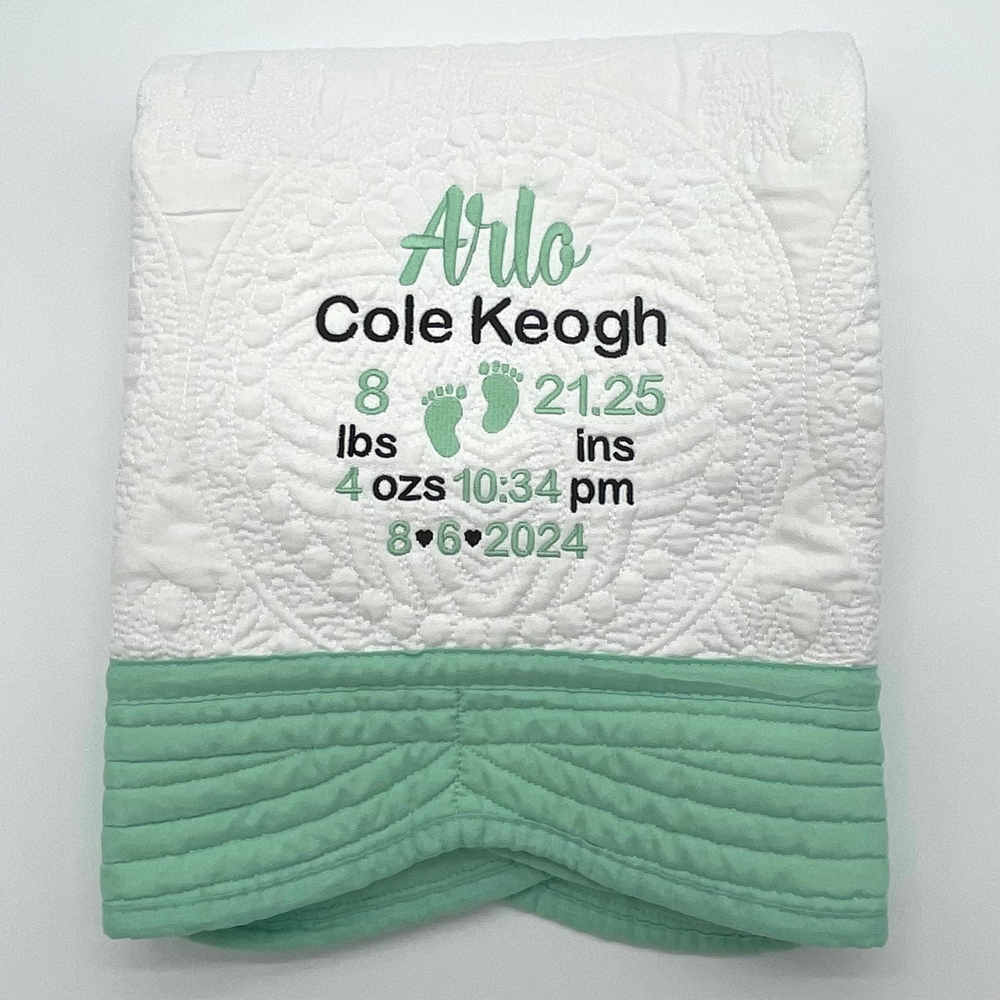 Personalized Heirloom Baby Blanket Quilt with Name, Birth Statistics &  Baby Feet, 6 Border color options