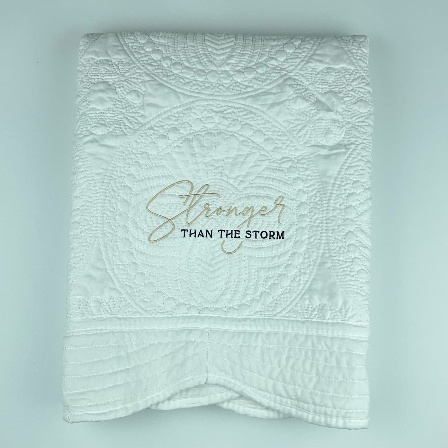 Stronger Than The Storm with Heart & Cross - Custom Embroidered Heirloom Quilt / Blankets With thread color of your choice & 6 Border color options. Encouragement, sympathy, hope, caring, bereavement, inspirational gift.