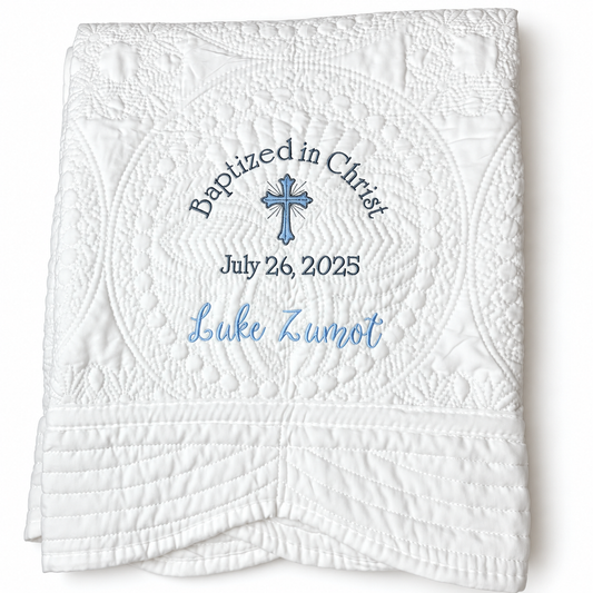 Custom Embroidered Baptism Baby Blanket Quilt - Personalized with Name &  Date