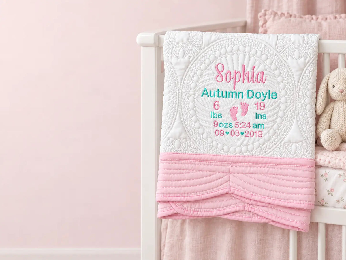 Personalized pink baby quilt embroidered with a baby's name and birth statistics