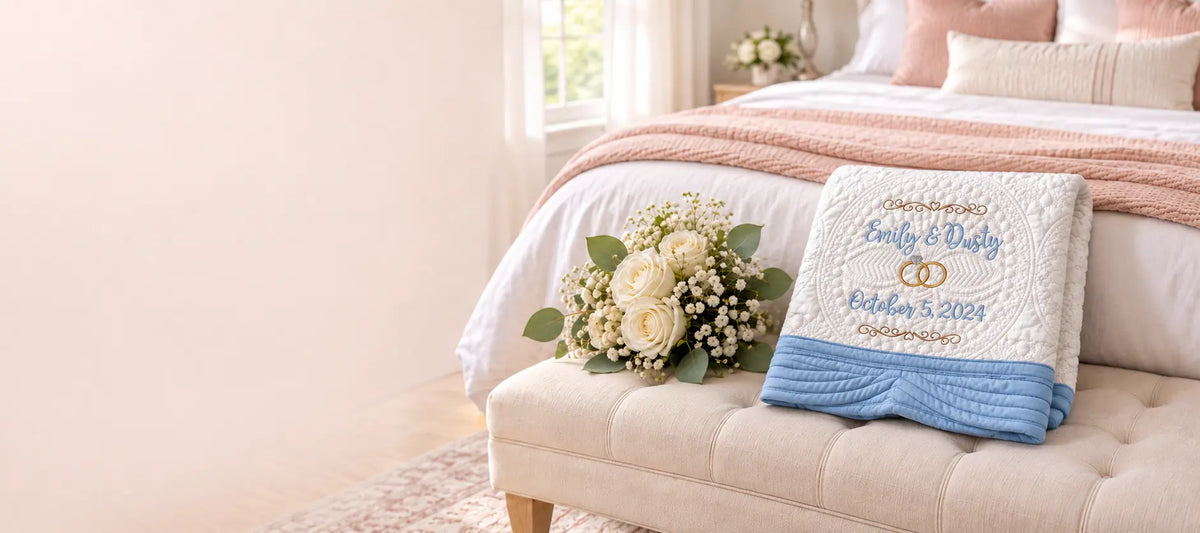 Personalized wedding quilt displayed beside a bridal bouquet in a softly styled bedroom