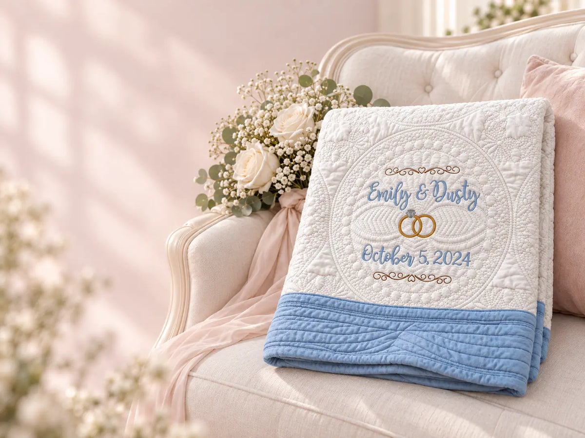 Personalized wedding quilt embroidered with names, wedding rings, and a date