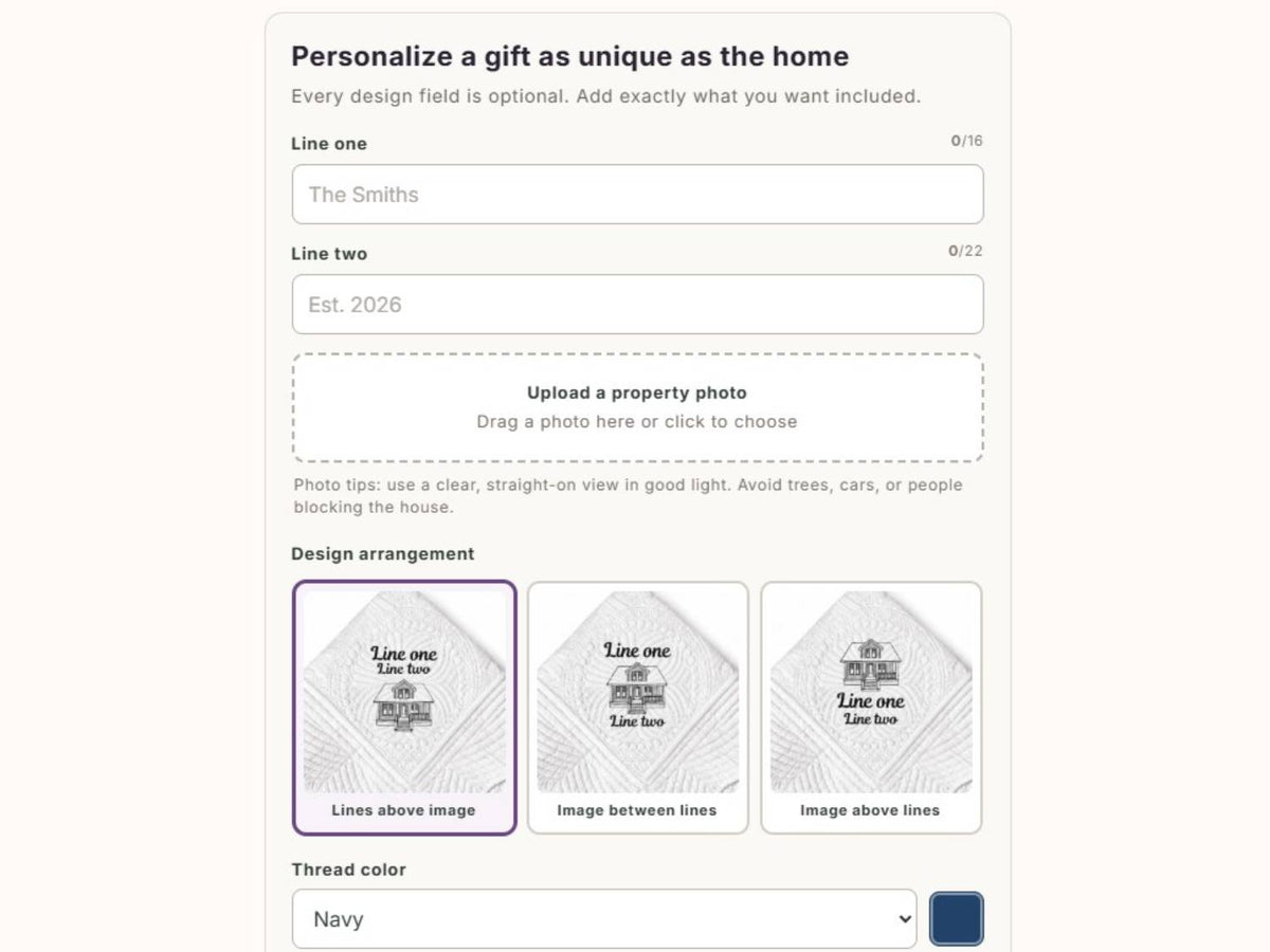 Personalization details selected for a custom housewarming quilt