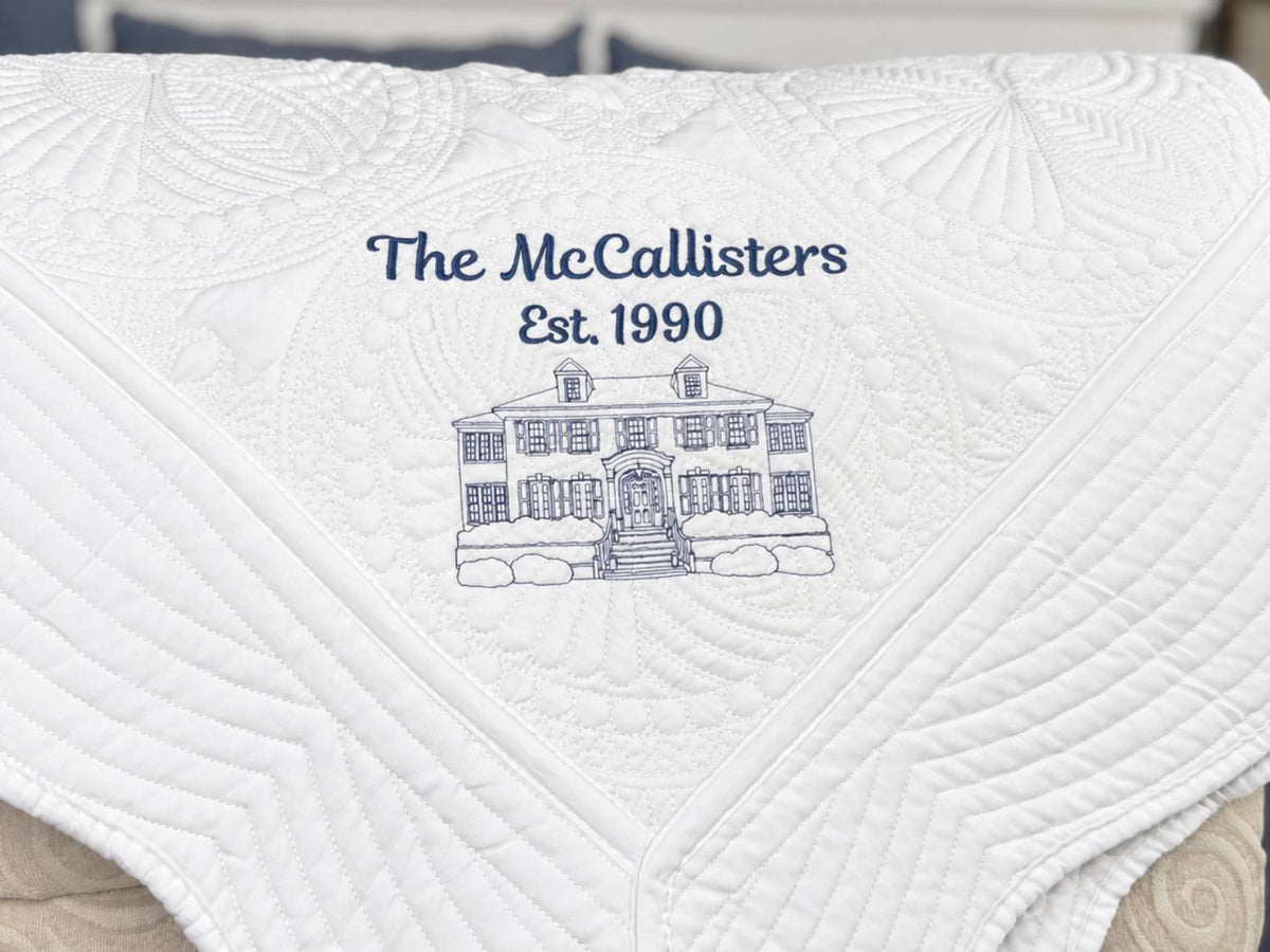 Finished personalized embroidered housewarming quilt